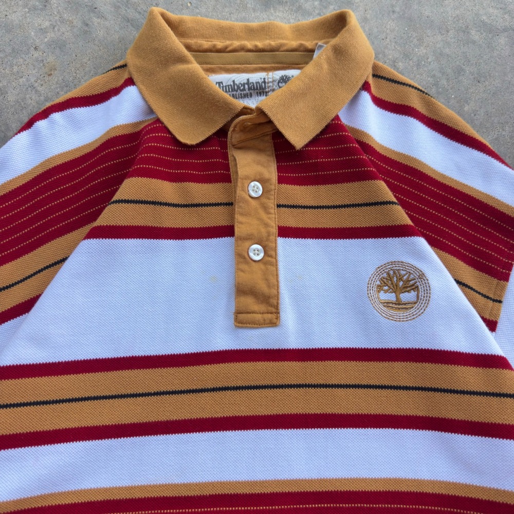 Vintage Y2K Timberland Striped Polo Shirt Hip Hop Red Gold XL (K3)